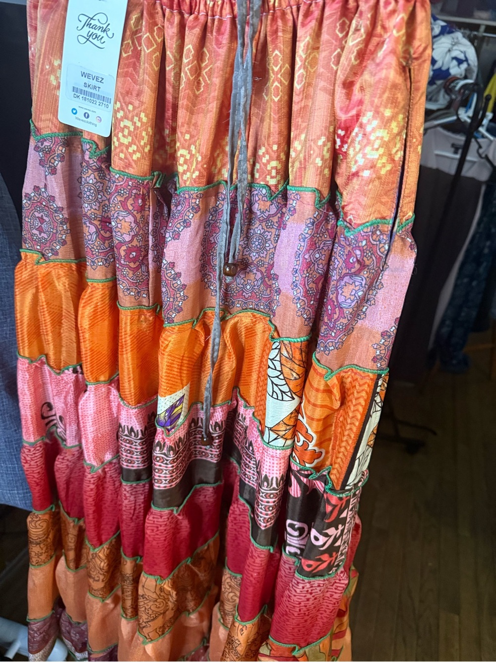 NWT 100 percent silk Bohemian Tiered Maxi Skirt - Orange & Pink
